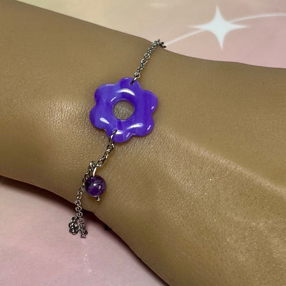 Bracelets Flora – Fleurs en pâte polymère et pierres fines/Strass sur acier inoxydable
