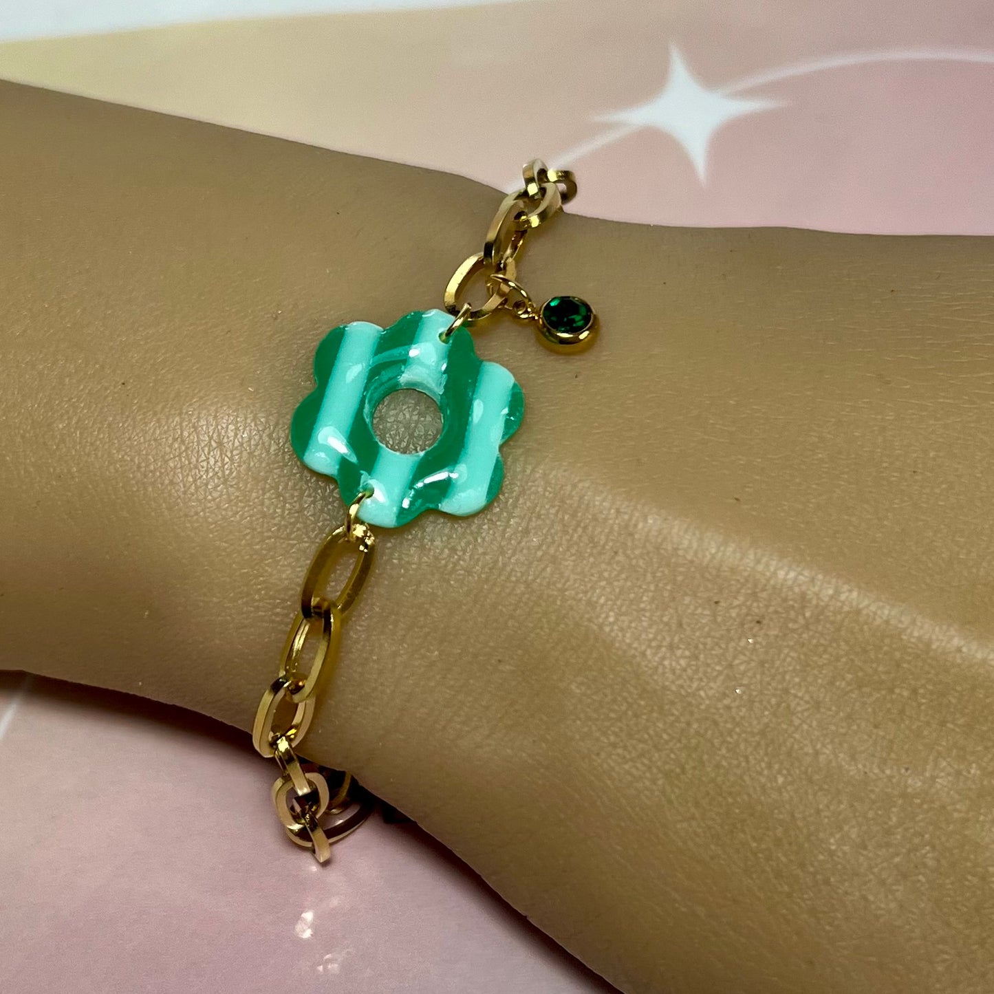 Bracelets Flora – Fleurs en pâte polymère et pierres fines/Strass sur acier inoxydable