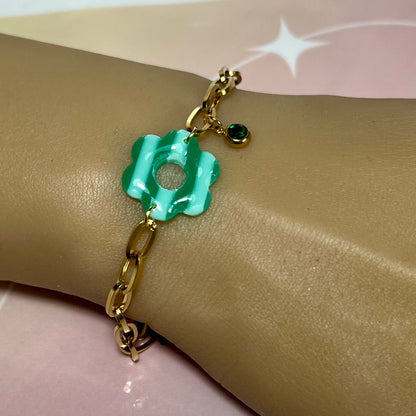 Bracelets Flora – Fleurs en pâte polymère et pierres fines/Strass sur acier inoxydable