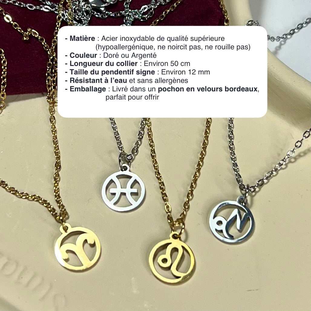 Collier Signe Astrologique en Acier Inoxydable – Doré ou Argenté | Bijou Astre Personnalisé à Petit Prix