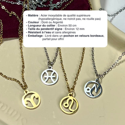 Collier Signe Astrologique en Acier Inoxydable – Doré ou Argenté | Bijou Astre Personnalisé à Petit Prix
