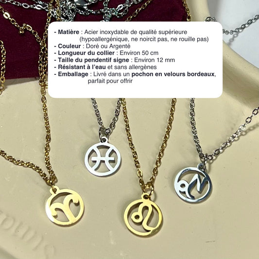 Collier Signe Astrologique en Acier Inoxydable – Doré ou Argenté | Bijou Astre Personnalisé à Petit Prix
