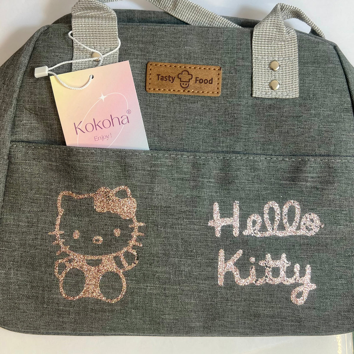 Lunch bag isotherme gris personnalisé avec motifs hello kitty finition pailletée – Kokoha