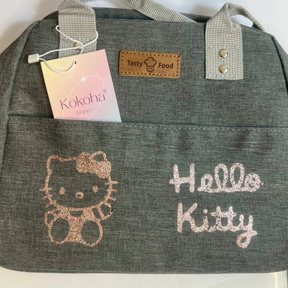 Lunch bag isotherme gris personnalisé avec motifs hello kitty finition pailletée – Kokoha