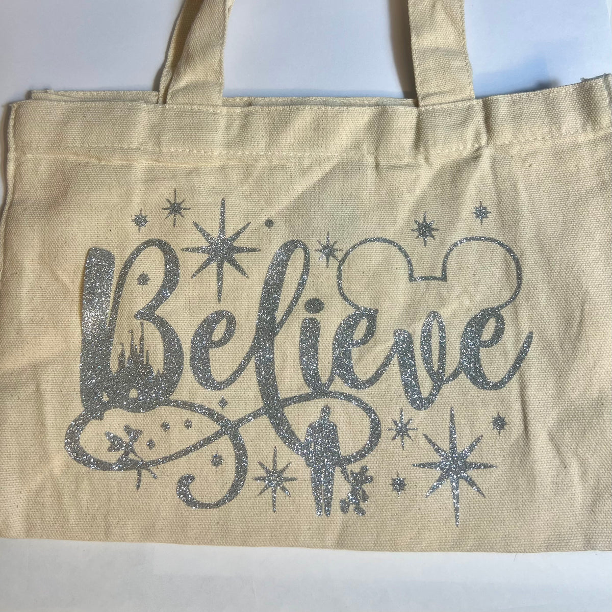 Petit sac crème en coton décoré believe argent – Kokoha