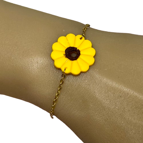 Bracelet GlowSun – Tournesol en pâte polymère et chaîne acier inoxydable