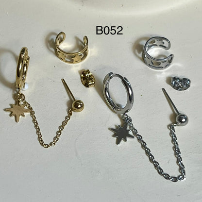 Mono Boucle d’Oreilles et Bague d'oreilles en Acier Inoxydable B052 – Doré ou Argenté | Hypoallergéniques et Résistantes à l’Eau