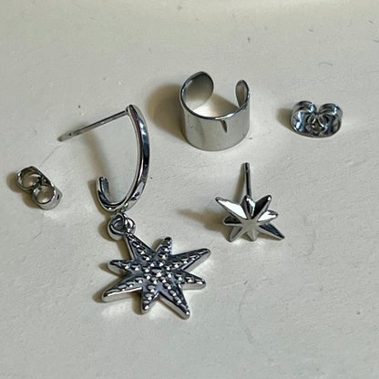 Mono Boucle d’Oreilles et Bague d'oreilles en Acier Inoxydable B053 – Doré ou Argenté | Hypoallergéniques et Résistantes à l’Eau