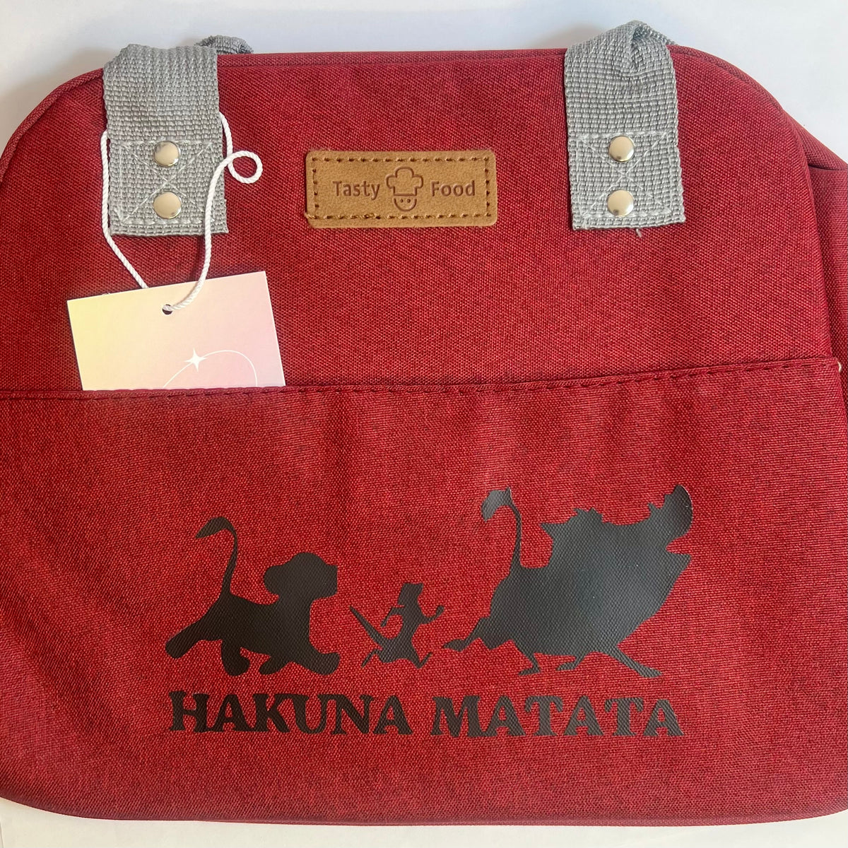 Lunch bag isotherme bordeaux personnalisé avec motif Hakuna matata et poignées grises – Kokoha