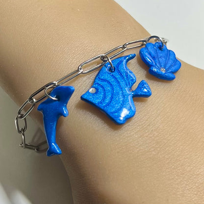 Bracelet Marin en Acier Inoxydable et Pâte Polymère – Coquillage , Poisson et Dauphin