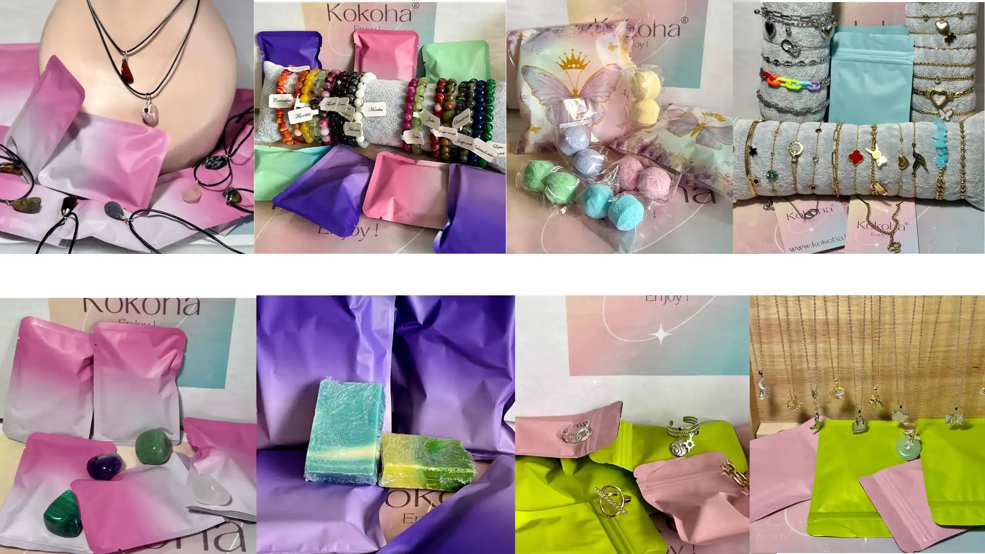 Bijoux emballés variés et accessoires connexes.