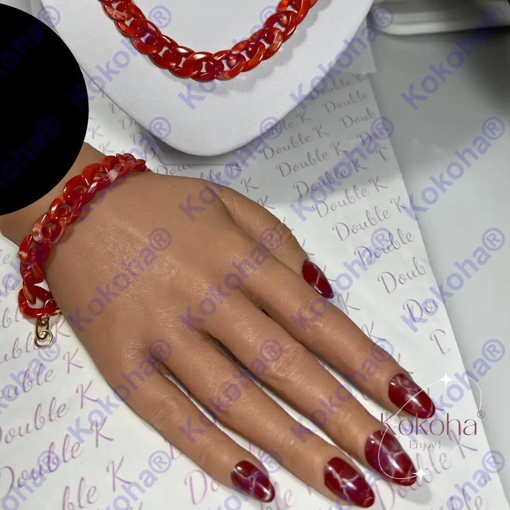 ensemble bracelet collier ongles marbré rouge doré acier inoxydable pas cher bonne qualité double k nails