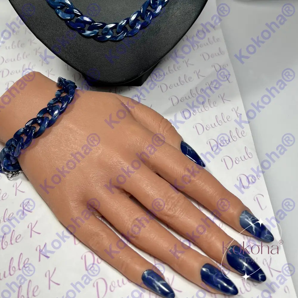 ensemble bracelet collier ongles marbré bleu argenté acier inoxydable pas cher bonne qualité double k nails