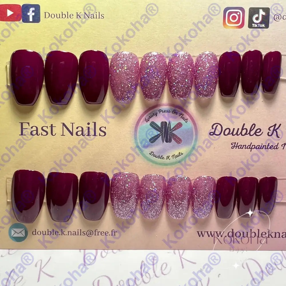 Press On Nails Fast Nails F007 Bordeaux Et Paillettes Brillant Désign